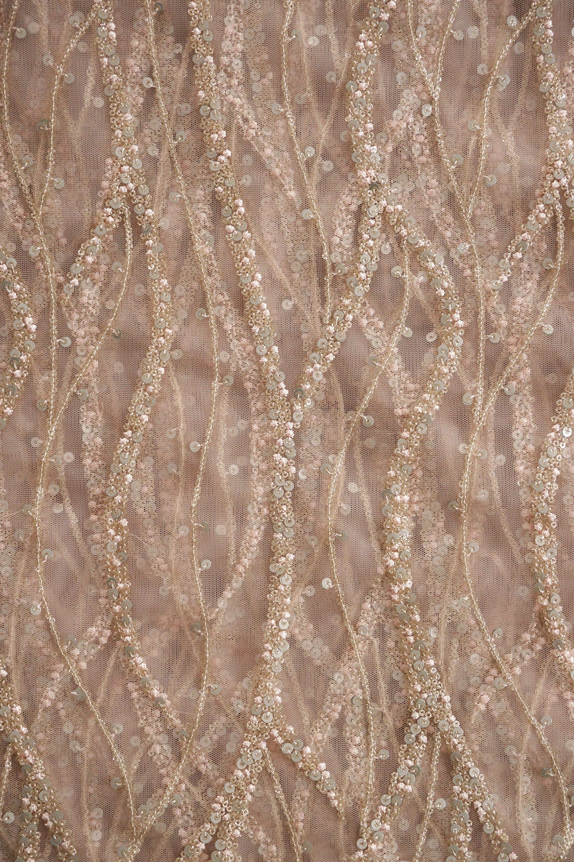 AIzaSyBcstauz-XMPRhEY21AUzeo032pxrXB5Ug - Gold And Silver Sequins With Peach Thread Embroidery on Peach Soft Net