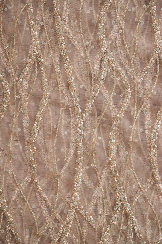 AIzaSyBcstauz-XMPRhEY21AUzeo032pxrXB5Ug - Gold And Silver Sequins With Peach Thread Embroidery on Peach Soft Net