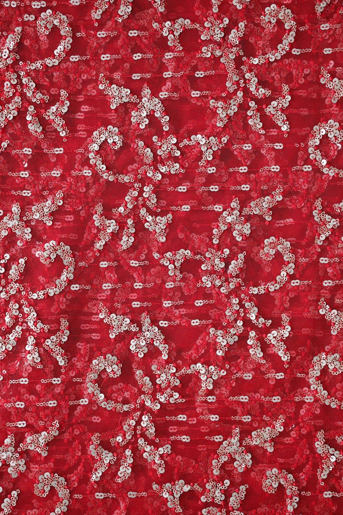 AIzaSyBcstauz-XMPRhEY21AUzeo032pxrXB5Ug - Gold And Silver Sequins With Red Thread Abstract Embroidery Work On Red Soft Net Fabric