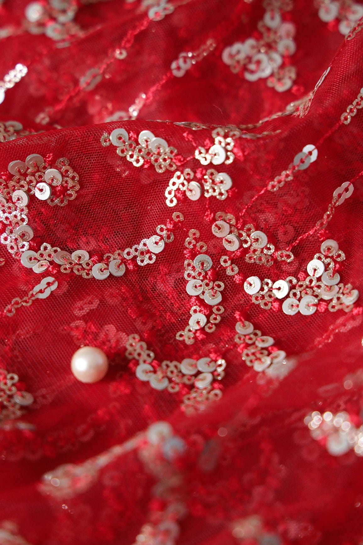 AIzaSyBcstauz-XMPRhEY21AUzeo032pxrXB5Ug - Gold And Silver Sequins With Red Thread Abstract Embroidery Work On Red Soft Net Fabric