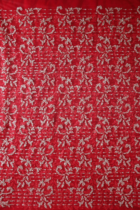 AIzaSyBcstauz-XMPRhEY21AUzeo032pxrXB5Ug - Gold And Silver Sequins With Red Thread Abstract Embroidery Work On Red Soft Net Fabric