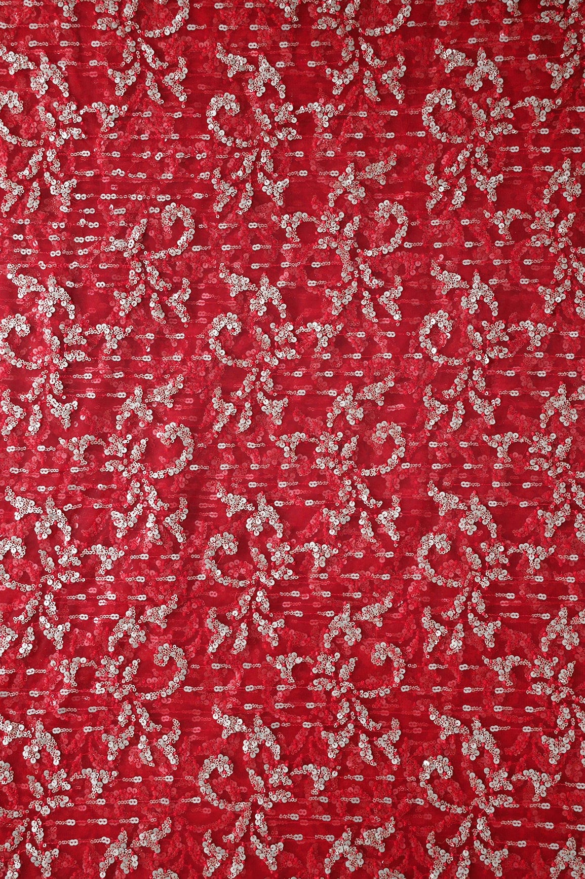 AIzaSyBcstauz-XMPRhEY21AUzeo032pxrXB5Ug - Gold And Silver Sequins With Red Thread Abstract Embroidery Work On Red Soft Net Fabric