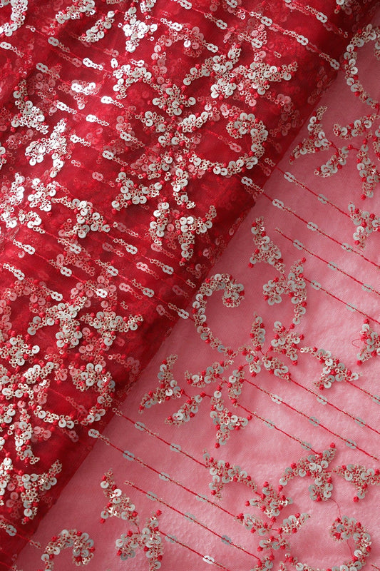 AIzaSyBcstauz-XMPRhEY21AUzeo032pxrXB5Ug - Gold And Silver Sequins With Red Thread Abstract Embroidery Work On Red Soft Net Fabric