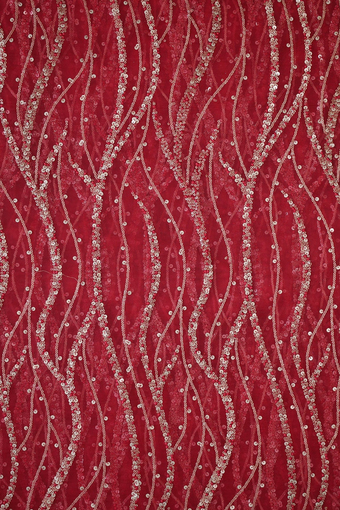 AIzaSyBcstauz-XMPRhEY21AUzeo032pxrXB5Ug - Gold And Silver Sequins With Red Thread Wavy Embroidery Work On Cherry Red Soft Net Fabric