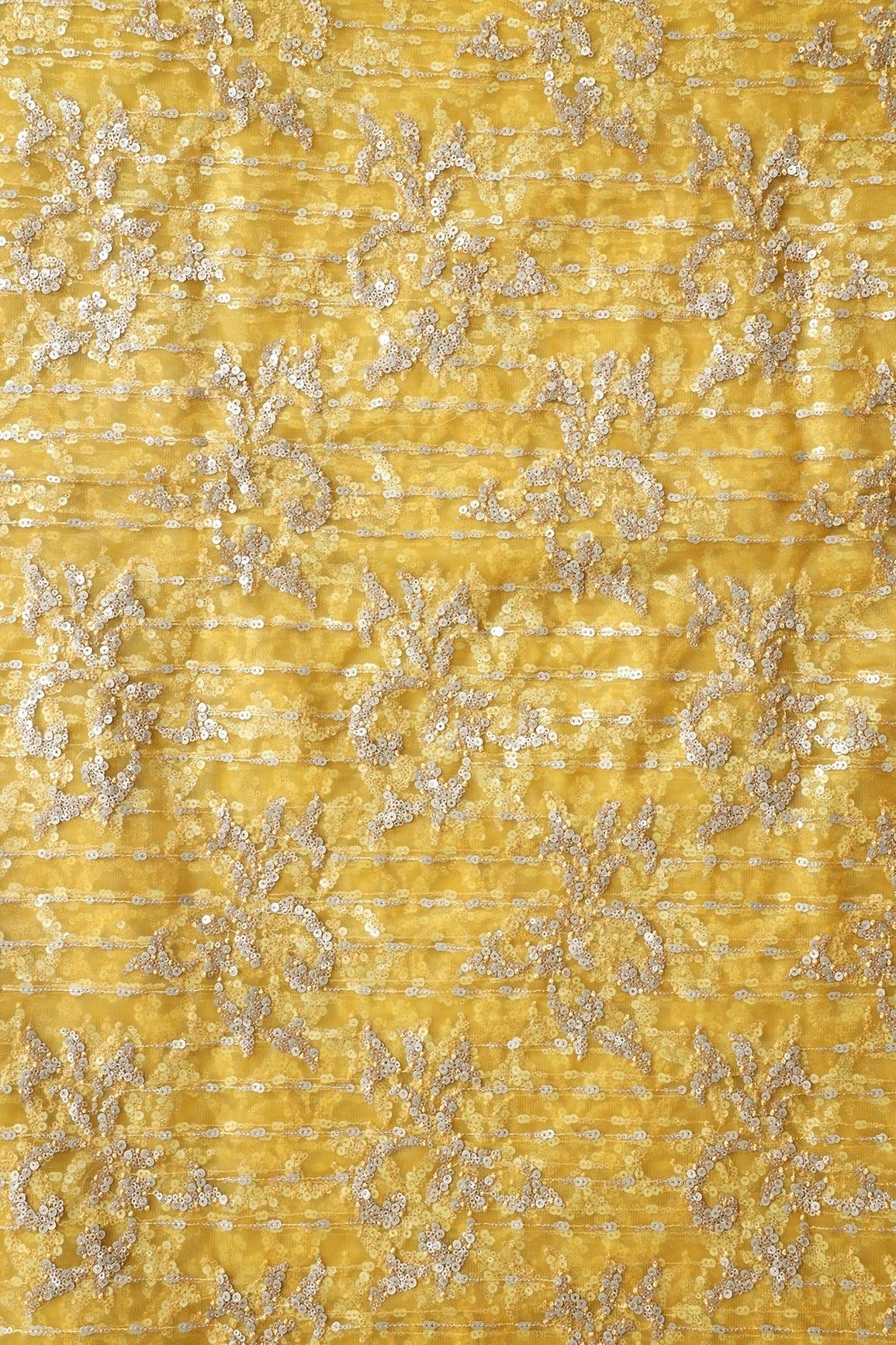 AIzaSyBcstauz-XMPRhEY21AUzeo032pxrXB5Ug - Gold And Silver Sequins With Yellow Thread Abstract Embroidery Work On Yellow Soft Net Fabric
