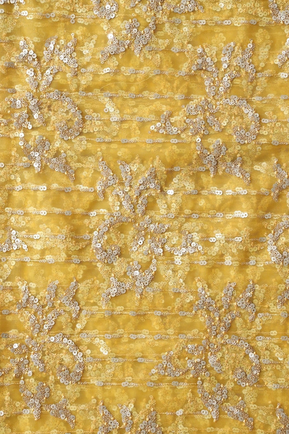 AIzaSyBcstauz-XMPRhEY21AUzeo032pxrXB5Ug - Gold And Silver Sequins With Yellow Thread Abstract Embroidery Work On Yellow Soft Net Fabric