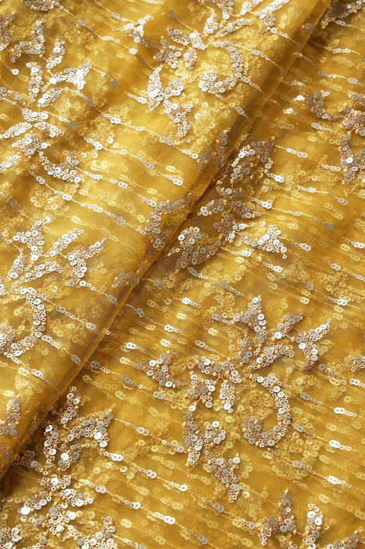 AIzaSyBcstauz-XMPRhEY21AUzeo032pxrXB5Ug - Gold And Silver Sequins With Yellow Thread Abstract Embroidery Work On Yellow Soft Net Fabric
