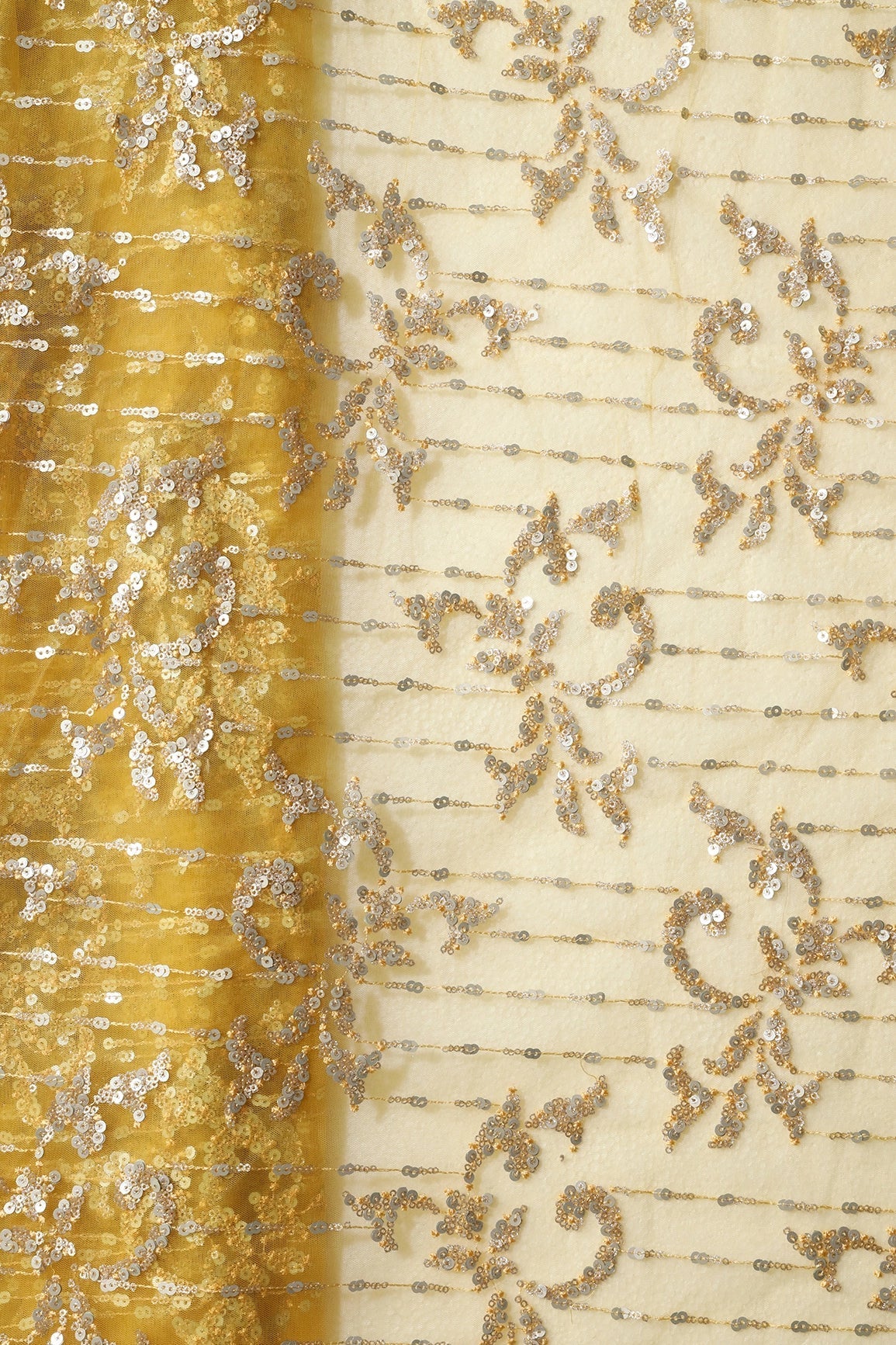 AIzaSyBcstauz-XMPRhEY21AUzeo032pxrXB5Ug - Gold And Silver Sequins With Yellow Thread Abstract Embroidery Work On Yellow Soft Net Fabric