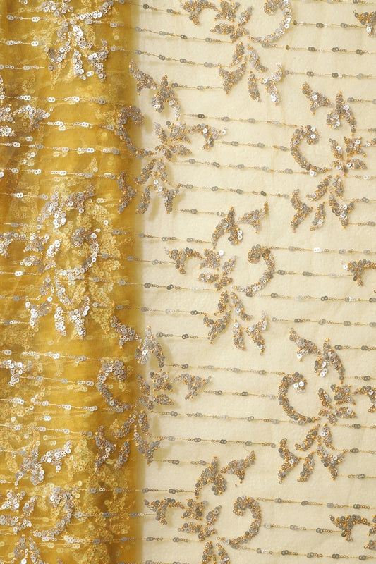 AIzaSyBcstauz-XMPRhEY21AUzeo032pxrXB5Ug - Gold And Silver Sequins With Yellow Thread Abstract Embroidery Work On Yellow Soft Net Fabric