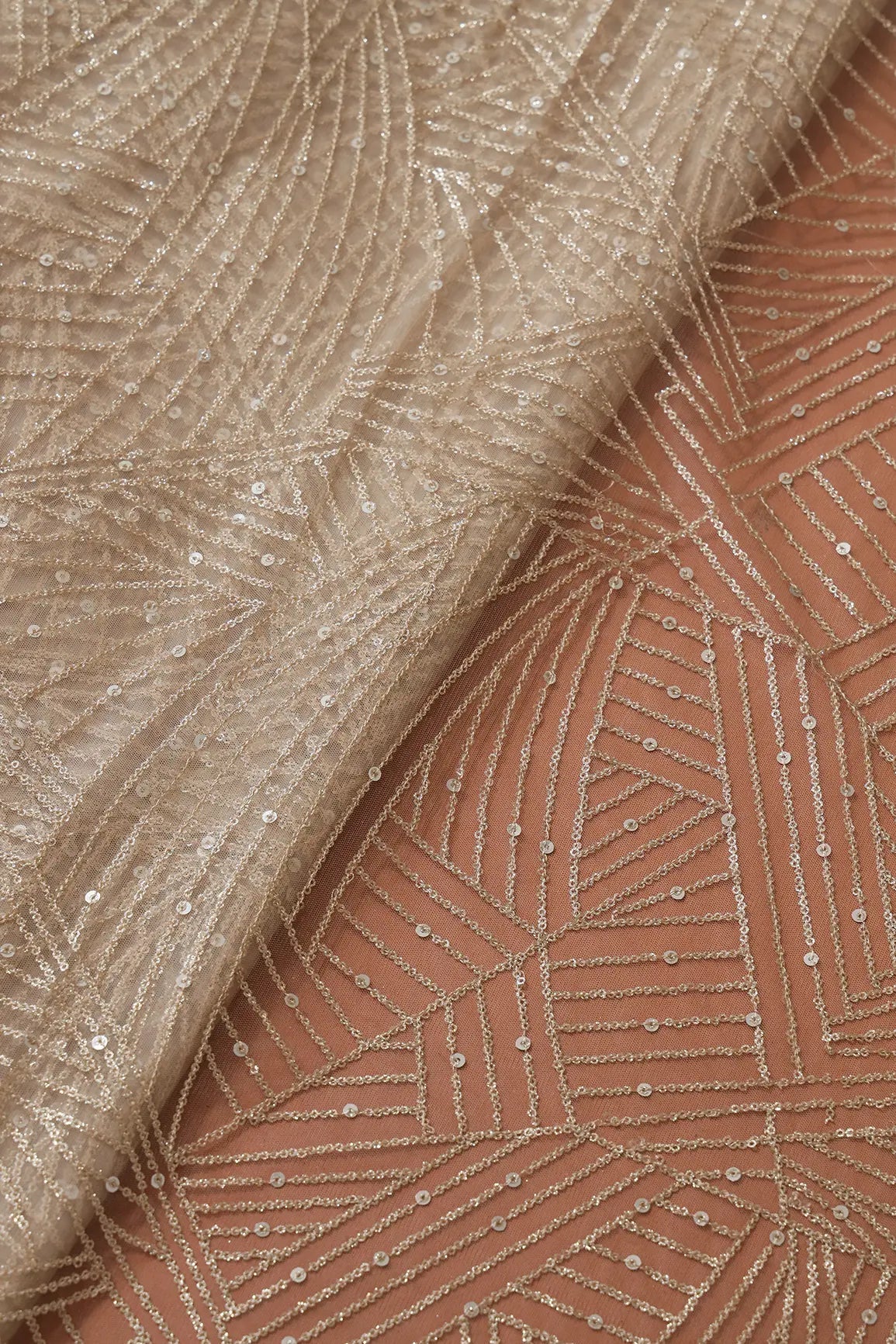 AIzaSyBcstauz-XMPRhEY21AUzeo032pxrXB5Ug - Gold Glitter Small Sequins Geometric Embroidery On Beige Soft Net Fabric