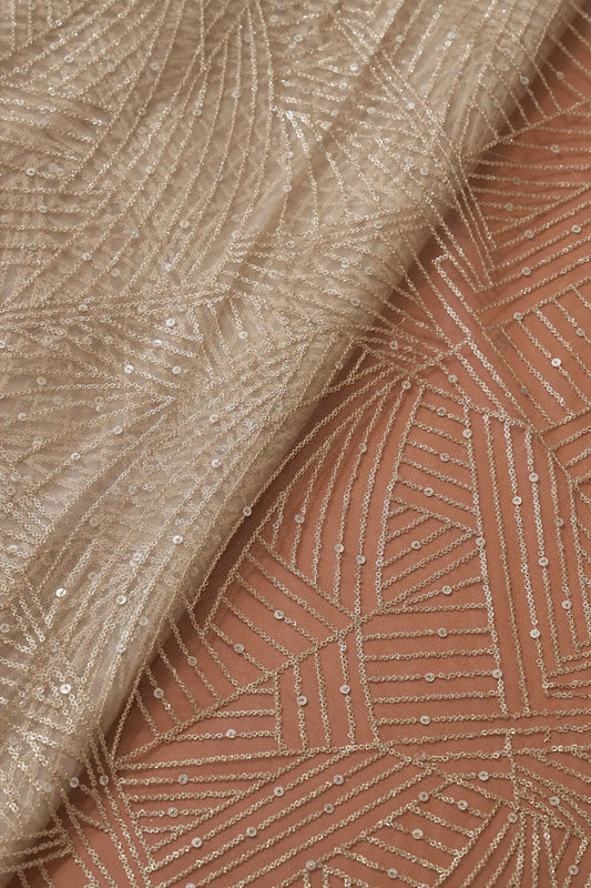 AIzaSyBcstauz-XMPRhEY21AUzeo032pxrXB5Ug - Gold Glitter Small Sequins Geometric Embroidery On Beige Soft Net Fabric