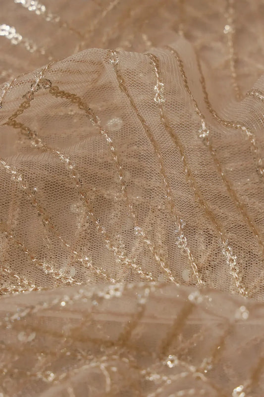 AIzaSyBcstauz-XMPRhEY21AUzeo032pxrXB5Ug - Gold Glitter Small Sequins Geometric Embroidery On Beige Soft Net Fabric