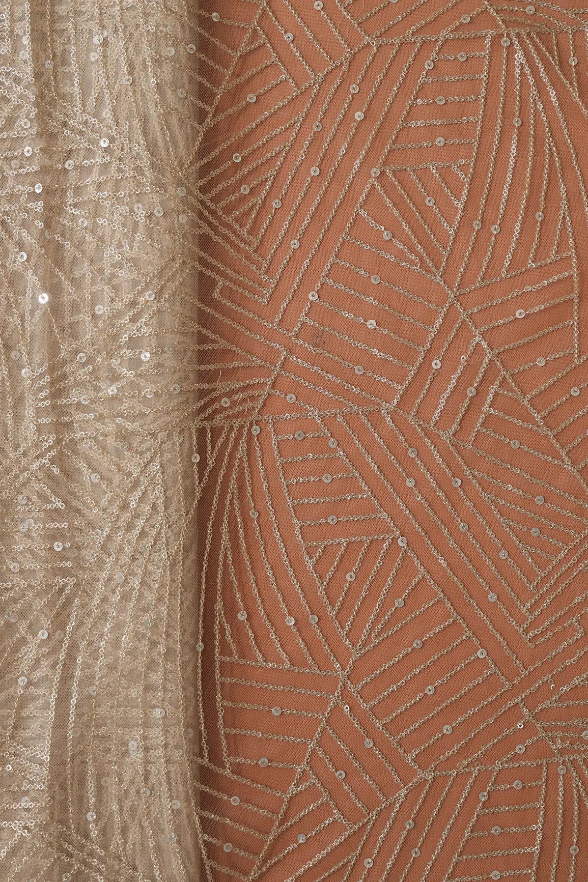 AIzaSyBcstauz-XMPRhEY21AUzeo032pxrXB5Ug - Gold Glitter Small Sequins Geometric Embroidery On Beige Soft Net Fabric