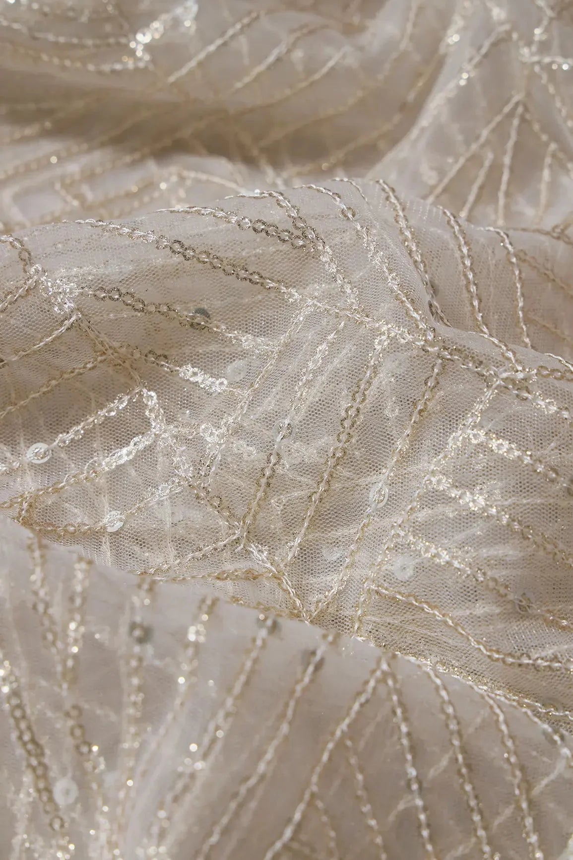 AIzaSyBcstauz-XMPRhEY21AUzeo032pxrXB5Ug - Gold Glitter Small Sequins Geometric Embroidery On Dyeable White Soft Net Fabric