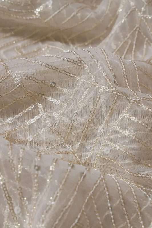 AIzaSyBcstauz-XMPRhEY21AUzeo032pxrXB5Ug - Gold Glitter Small Sequins Geometric Embroidery On Dyeable White Soft Net Fabric