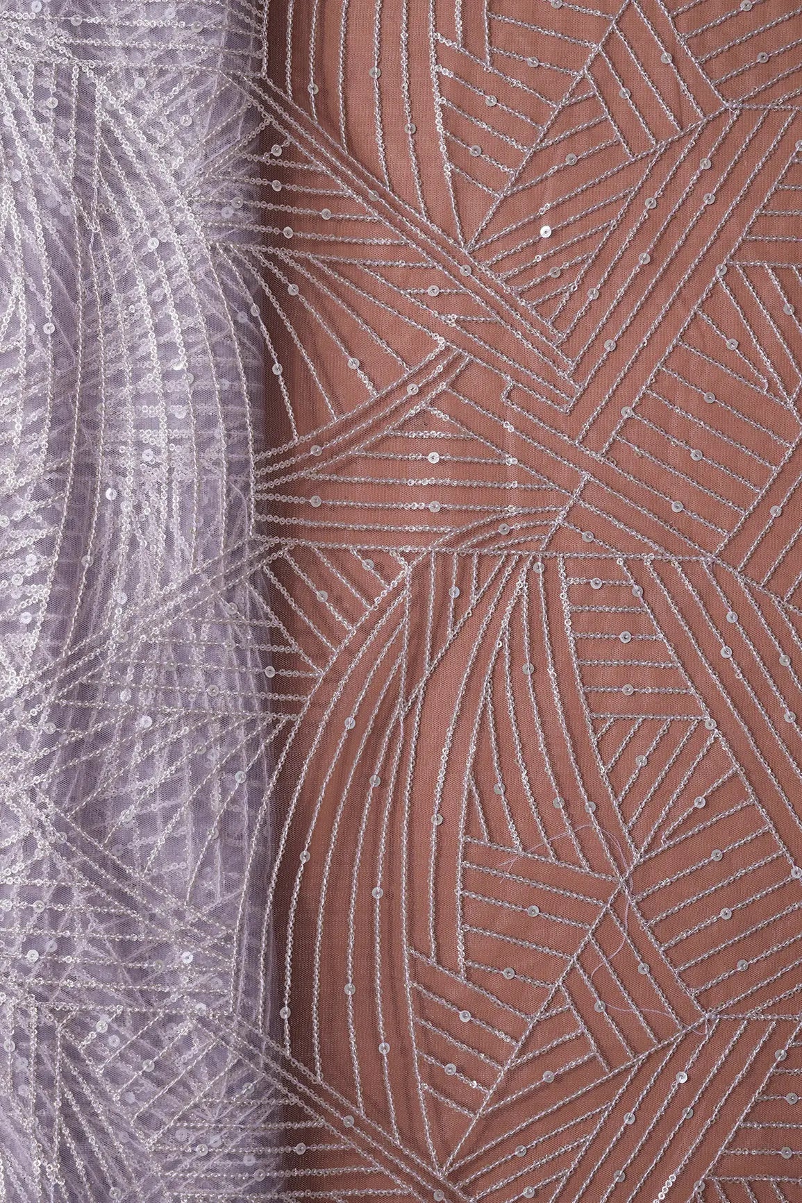AIzaSyBcstauz-XMPRhEY21AUzeo032pxrXB5Ug - Gold Glitter Small Sequins Geometric Embroidery On Lavender Soft Net Fabric