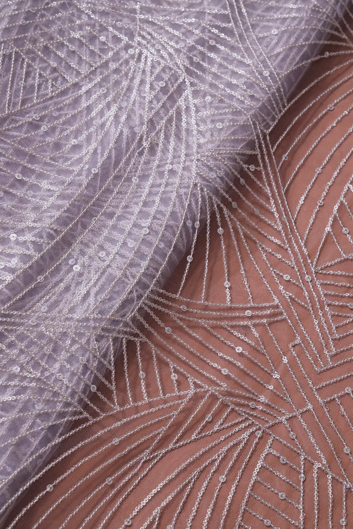 AIzaSyBcstauz-XMPRhEY21AUzeo032pxrXB5Ug - Gold Glitter Small Sequins Geometric Embroidery On Lavender Soft Net Fabric