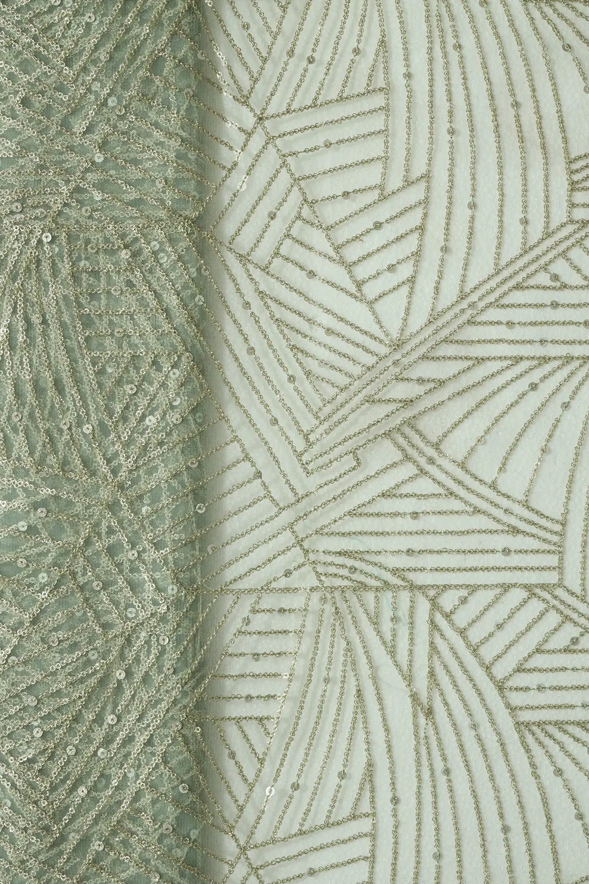 AIzaSyBcstauz-XMPRhEY21AUzeo032pxrXB5Ug - Gold Glitter Small Sequins Geometric Embroidery On Olive Soft Net Fabric