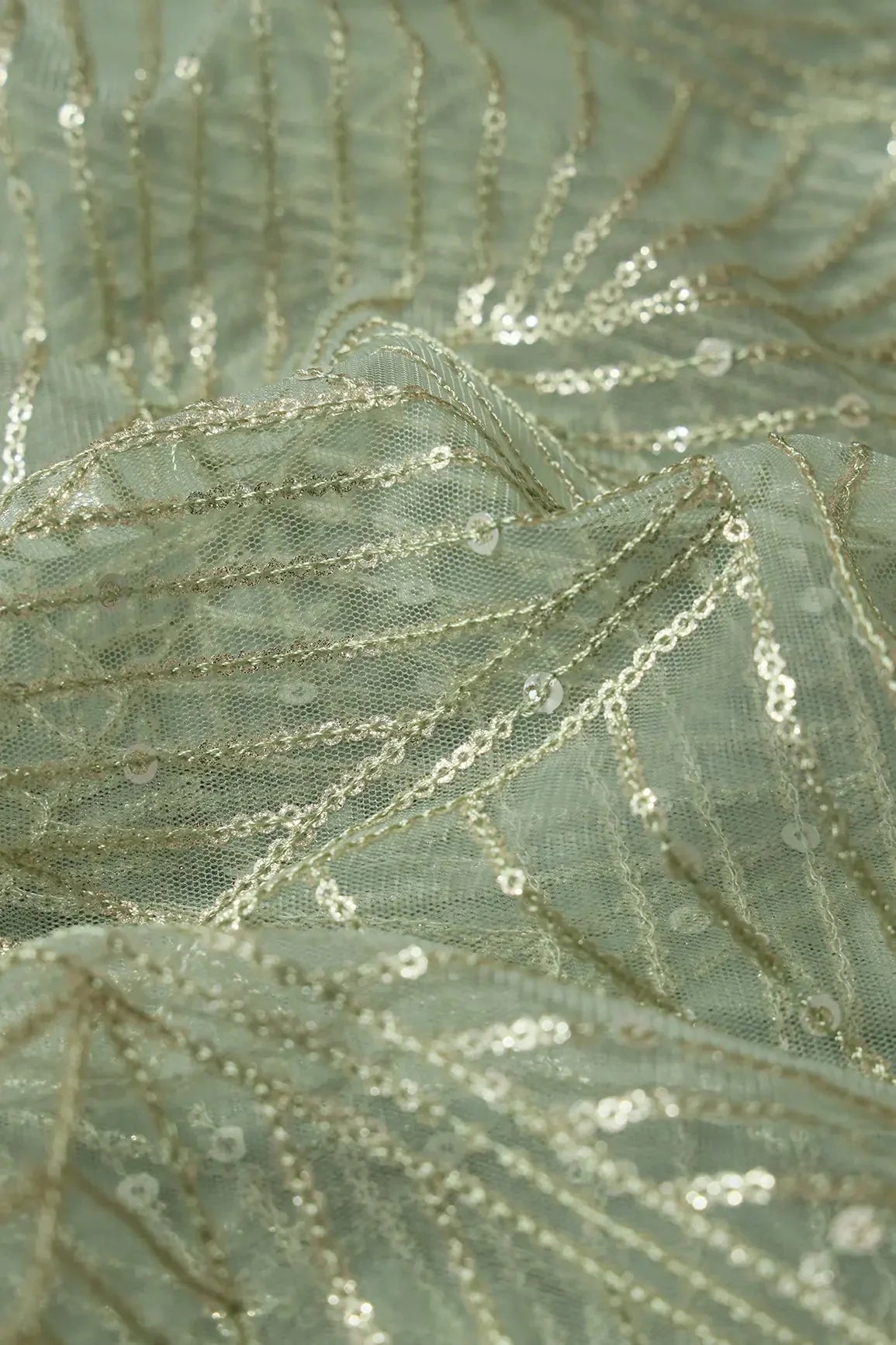 AIzaSyBcstauz-XMPRhEY21AUzeo032pxrXB5Ug - Gold Glitter Small Sequins Geometric Embroidery On Olive Soft Net Fabric