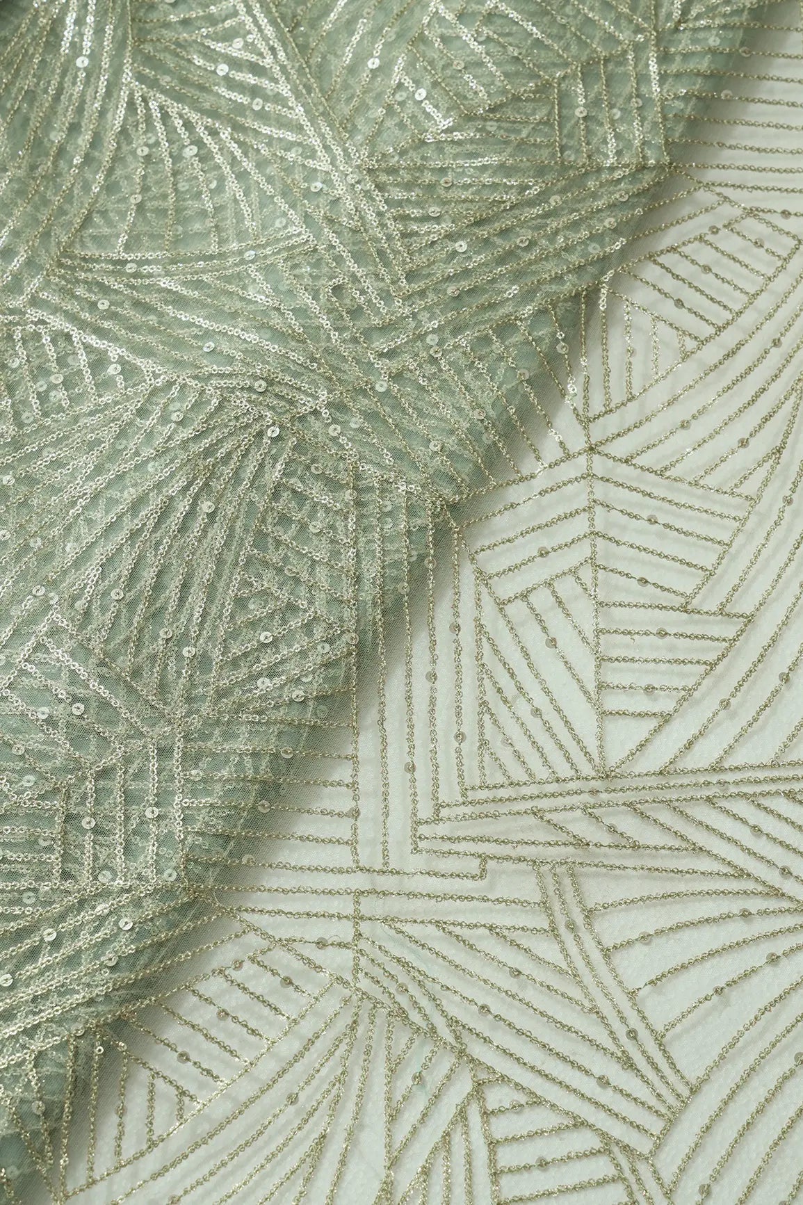 AIzaSyBcstauz-XMPRhEY21AUzeo032pxrXB5Ug - Gold Glitter Small Sequins Geometric Embroidery On Olive Soft Net Fabric