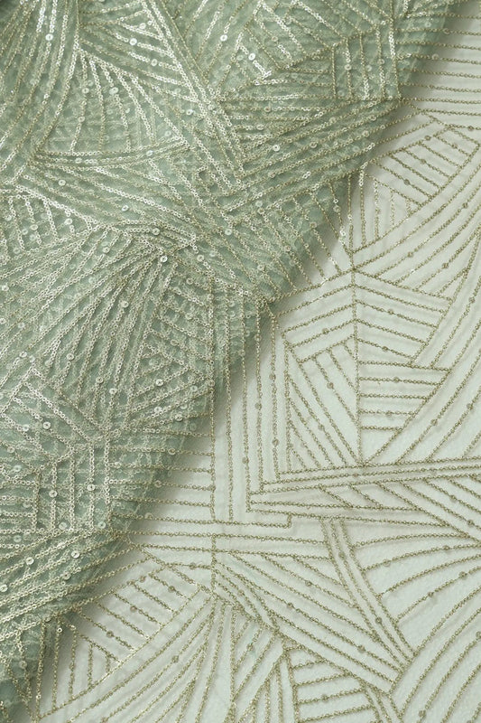 AIzaSyBcstauz-XMPRhEY21AUzeo032pxrXB5Ug - Gold Glitter Small Sequins Geometric Embroidery On Olive Soft Net Fabric