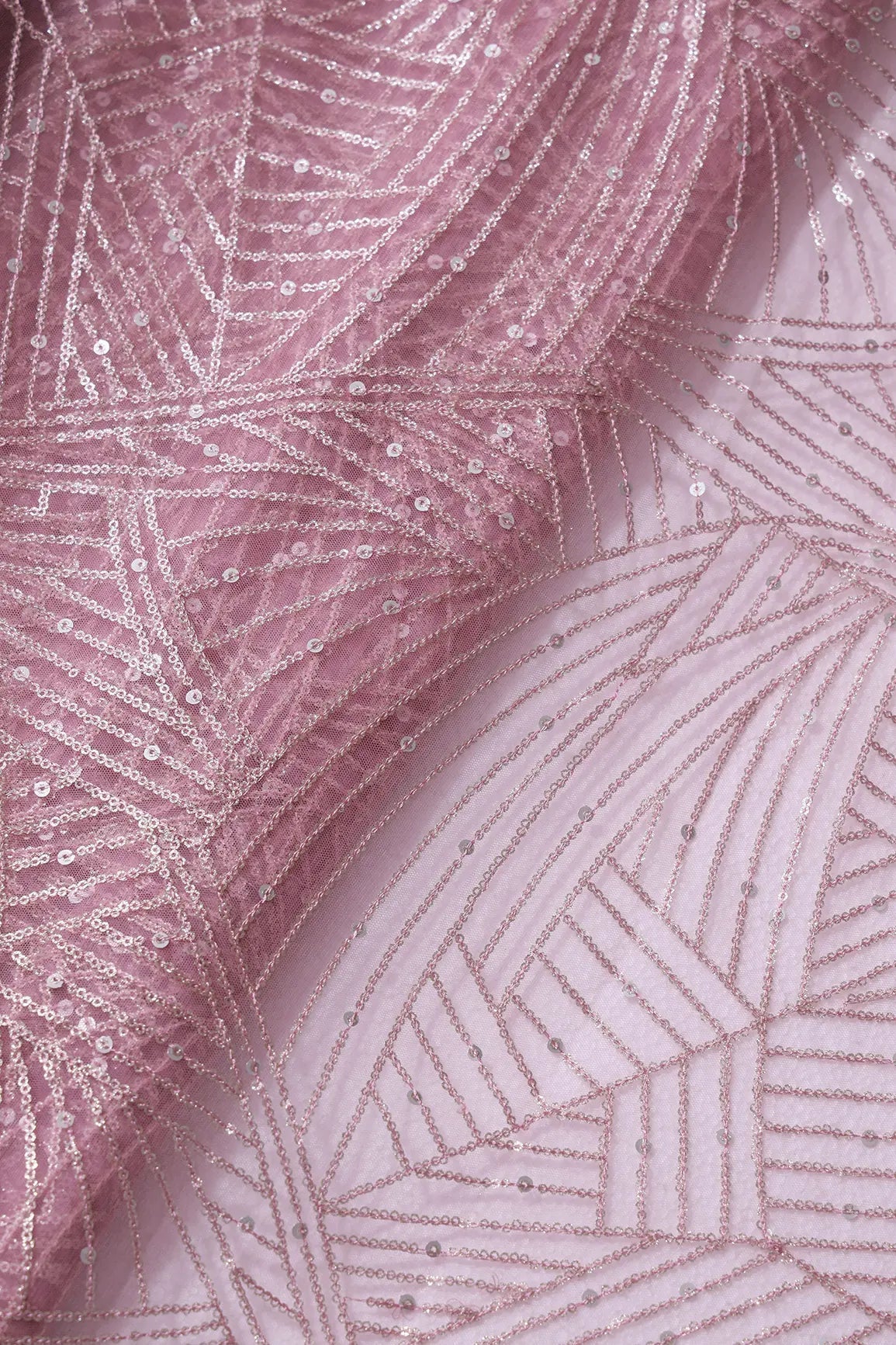 AIzaSyBcstauz-XMPRhEY21AUzeo032pxrXB5Ug - Gold Glitter Small Sequins Geometric Embroidery On Pink Soft Net Fabric