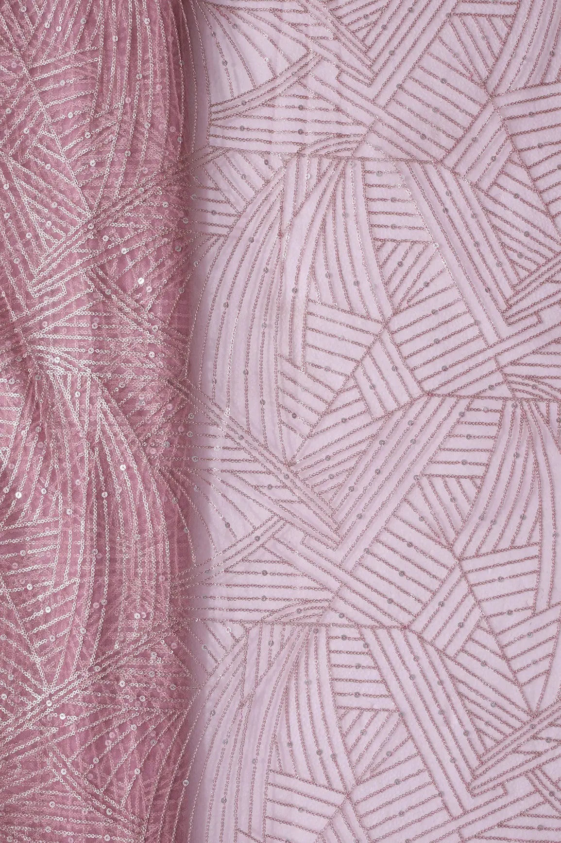 AIzaSyBcstauz-XMPRhEY21AUzeo032pxrXB5Ug - Gold Glitter Small Sequins Geometric Embroidery On Pink Soft Net Fabric