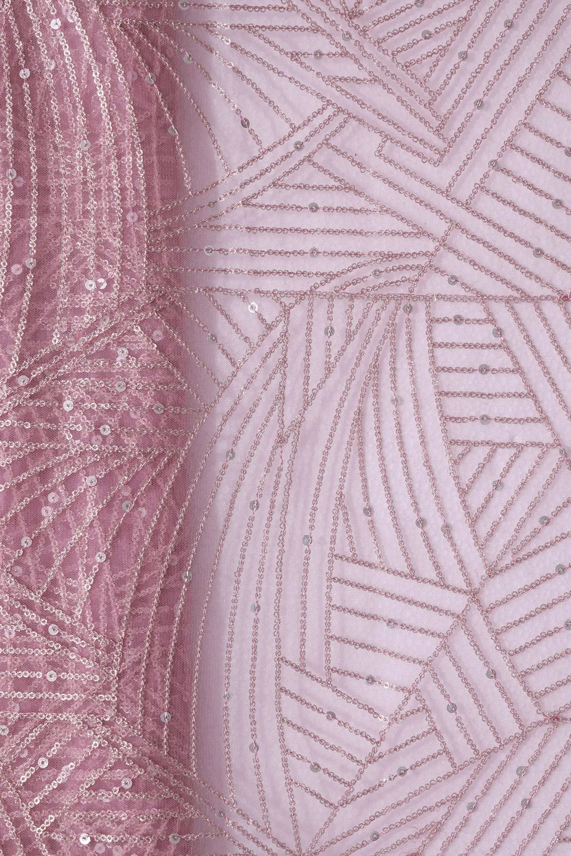AIzaSyBcstauz-XMPRhEY21AUzeo032pxrXB5Ug - Gold Glitter Small Sequins Geometric Embroidery On Pink Soft Net Fabric