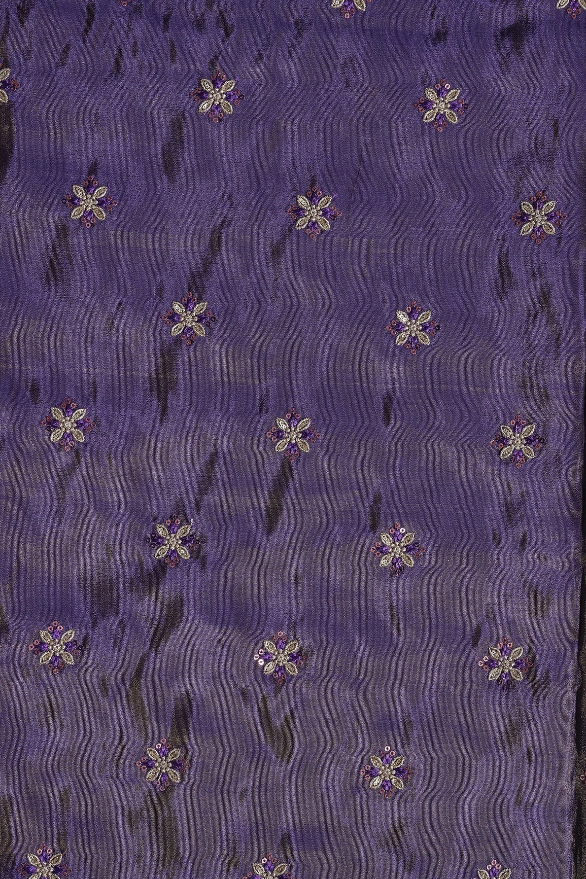 AIzaSyBcstauz-XMPRhEY21AUzeo032pxrXB5Ug - Gold Sequins And Zari Floral Booti Embroidery Work On Purple Pure Viscose Zari Tissue Fabric
