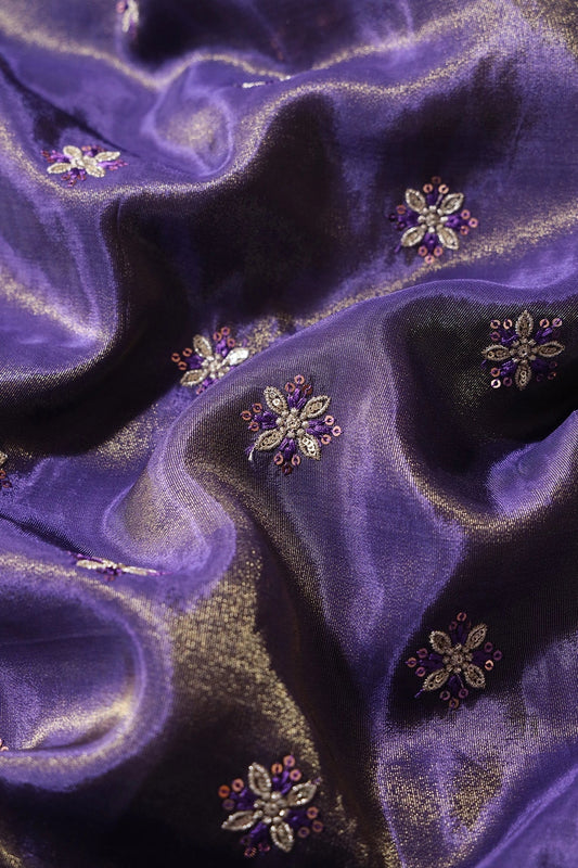 AIzaSyBcstauz-XMPRhEY21AUzeo032pxrXB5Ug - Gold Sequins And Zari Floral Booti Embroidery Work On Purple Pure Viscose Zari Tissue Fabric