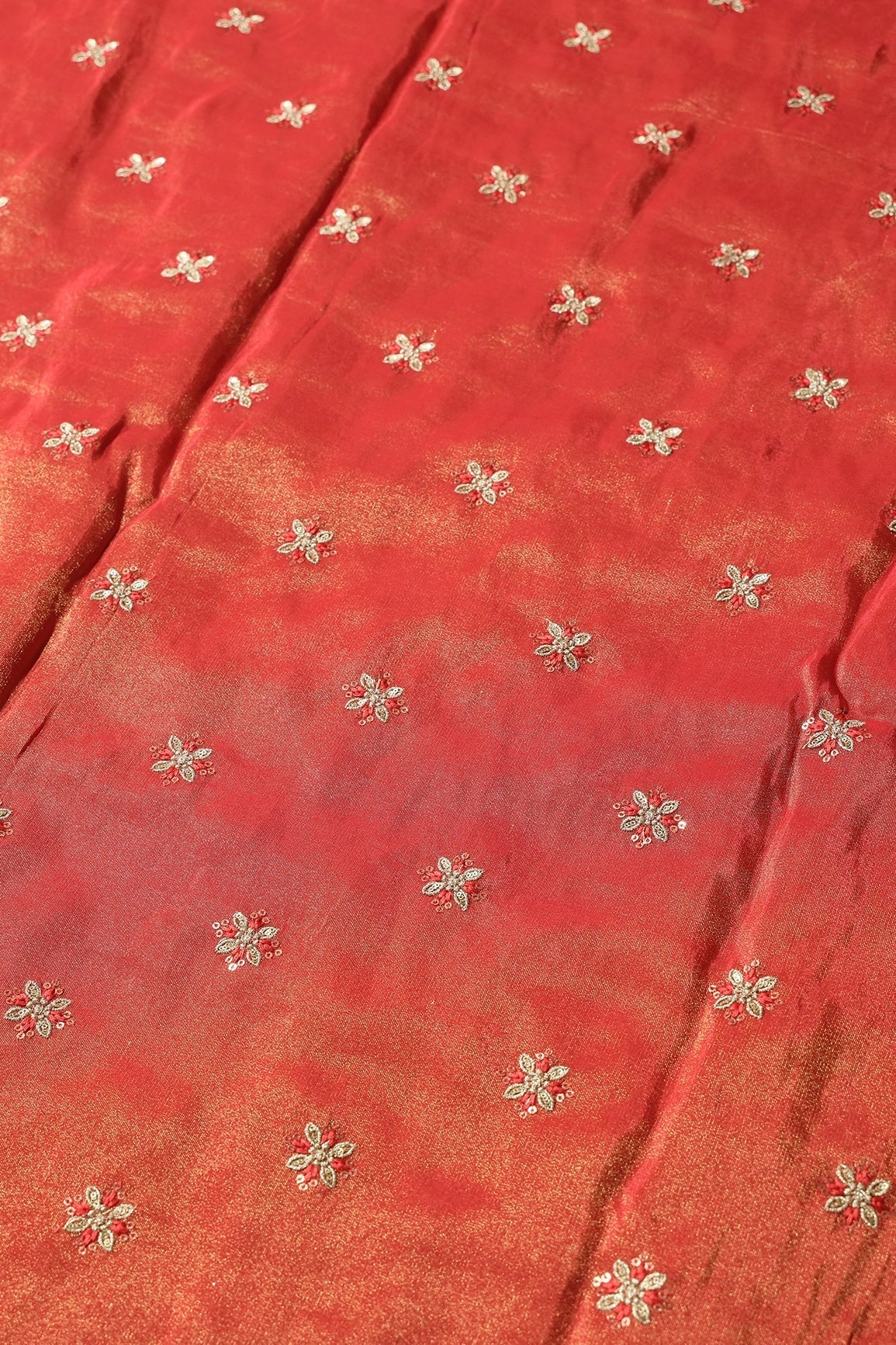 AIzaSyBcstauz-XMPRhEY21AUzeo032pxrXB5Ug - Gold Sequins And Zari Floral Booti Embroidery Work On Red Pure Viscose Zari Tissue Fabric