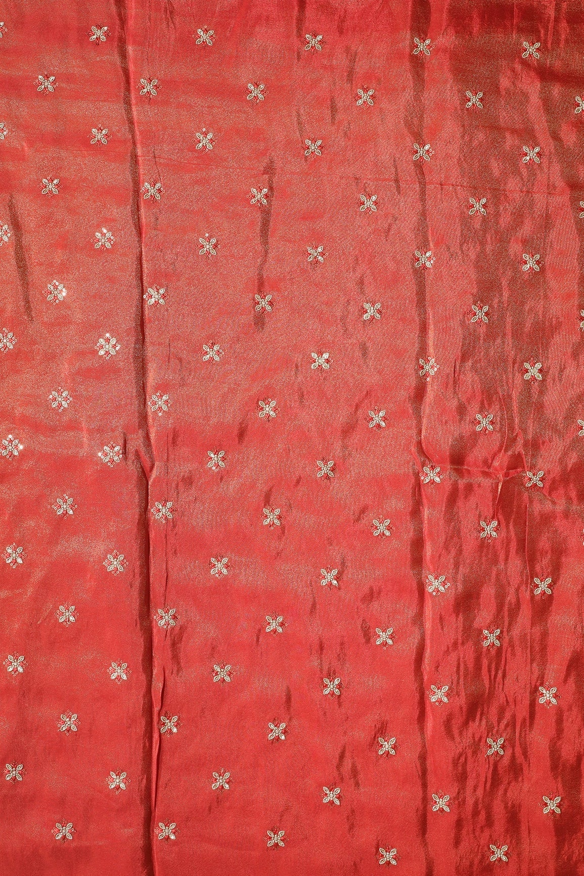 AIzaSyBcstauz-XMPRhEY21AUzeo032pxrXB5Ug - Gold Sequins And Zari Floral Booti Embroidery Work On Red Pure Viscose Zari Tissue Fabric