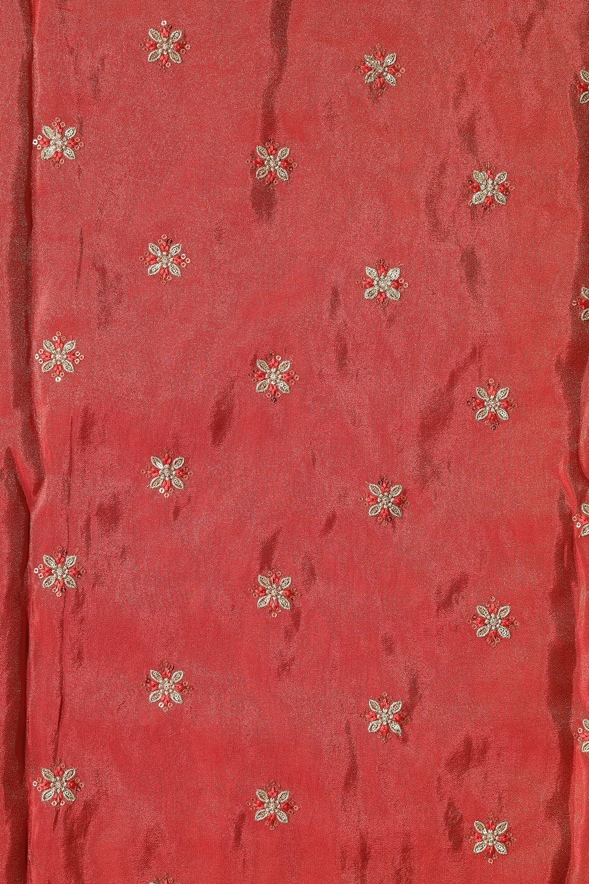 AIzaSyBcstauz-XMPRhEY21AUzeo032pxrXB5Ug - Gold Sequins And Zari Floral Booti Embroidery Work On Red Pure Viscose Zari Tissue Fabric