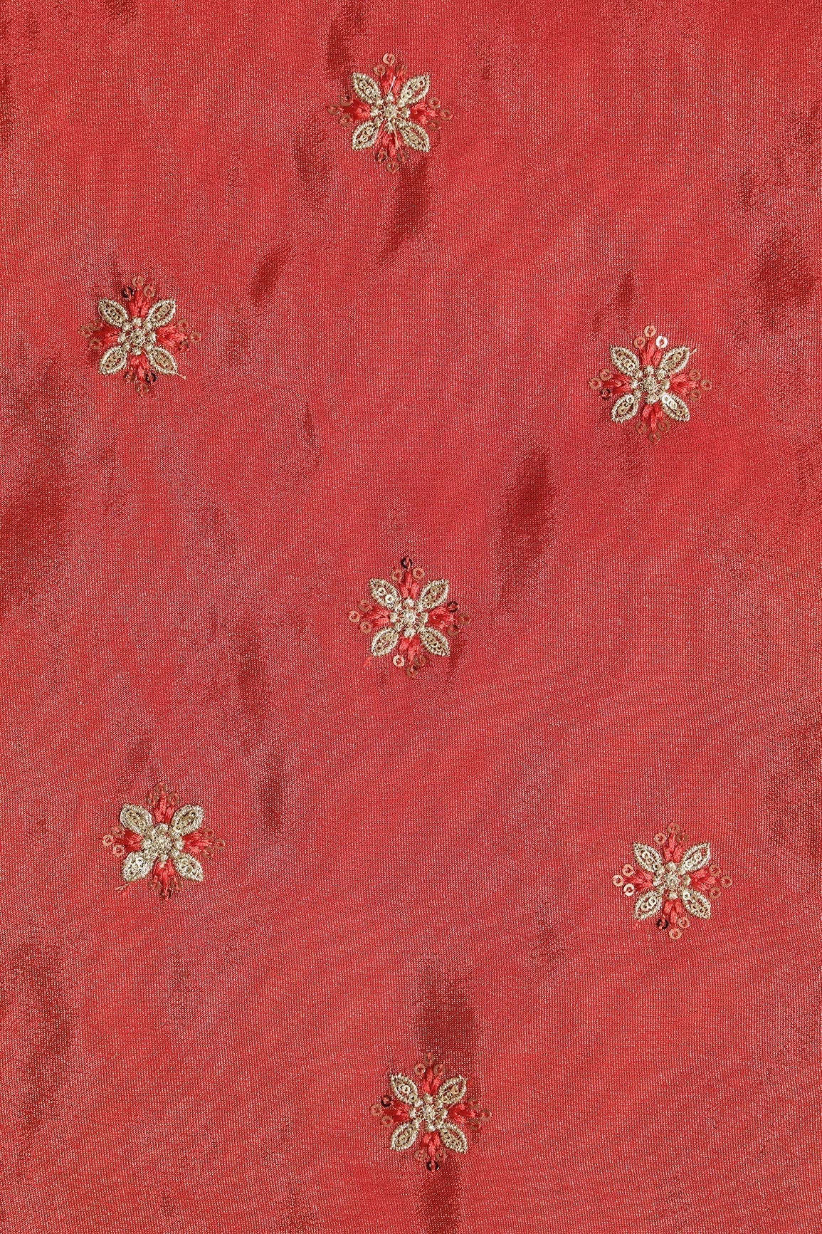 AIzaSyBcstauz-XMPRhEY21AUzeo032pxrXB5Ug - Gold Sequins And Zari Floral Booti Embroidery Work On Red Pure Viscose Zari Tissue Fabric