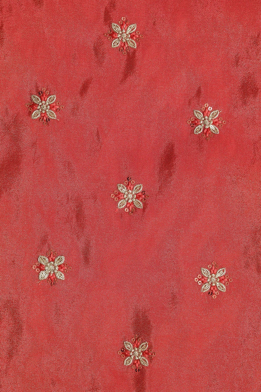 AIzaSyBcstauz-XMPRhEY21AUzeo032pxrXB5Ug - Gold Sequins And Zari Floral Booti Embroidery Work On Red Pure Viscose Zari Tissue Fabric