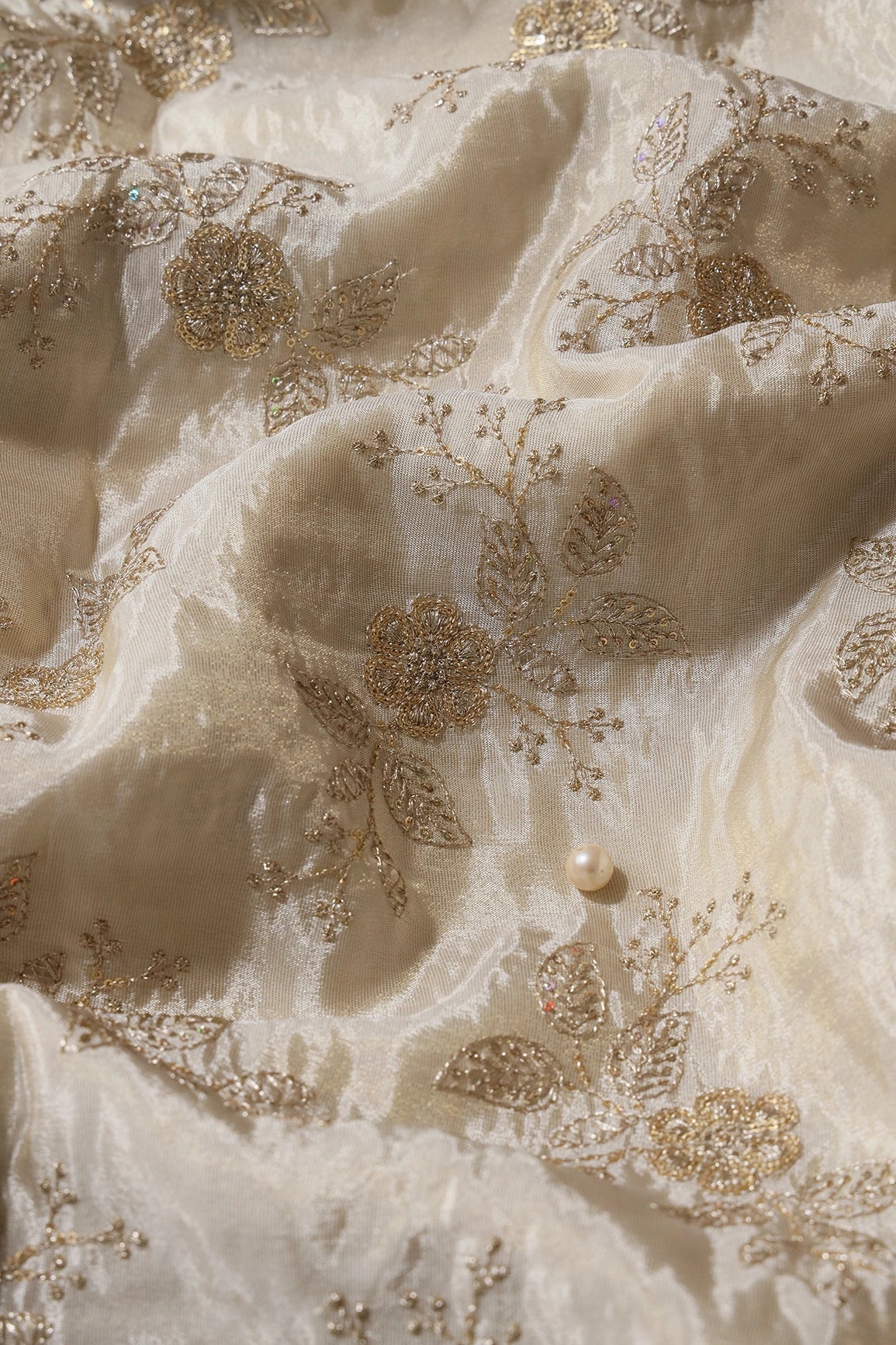 AIzaSyBcstauz-XMPRhEY21AUzeo032pxrXB5Ug - Gold Sequins And Zari Floral Embroidery Work On Dyeable Pure Viscose Zari Tissue Fabric