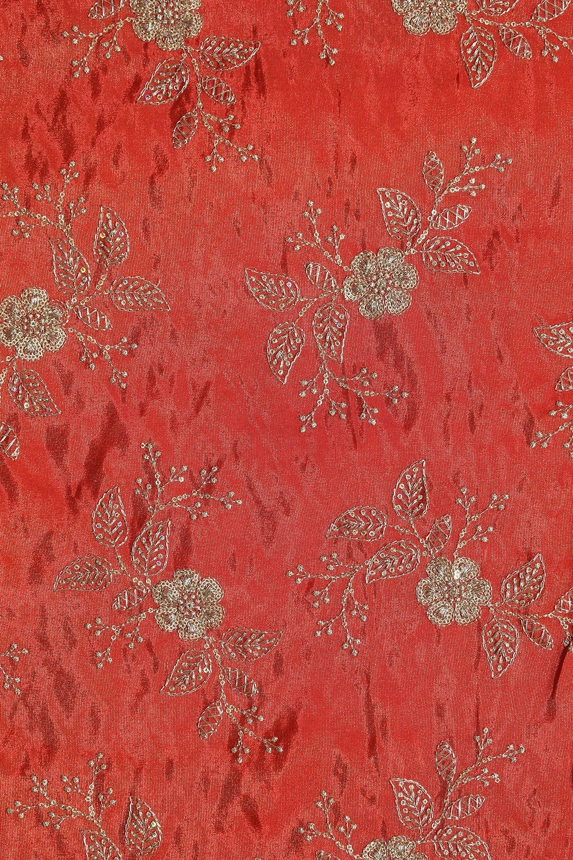AIzaSyBcstauz-XMPRhEY21AUzeo032pxrXB5Ug - Gold Sequins And Zari Floral Embroidery Work On Dark Orange Pure Viscose Zari Tissue Fabric