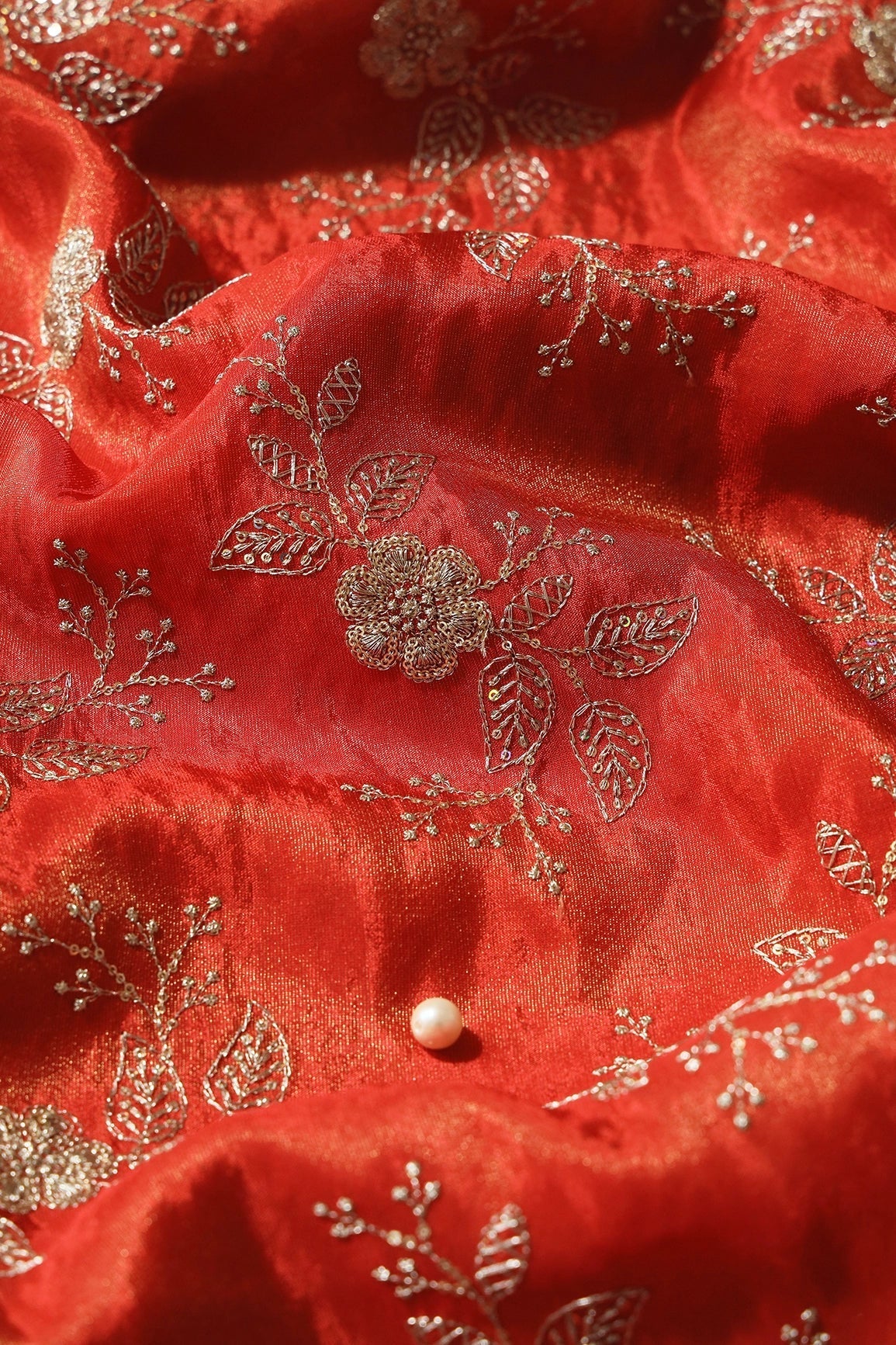 AIzaSyBcstauz-XMPRhEY21AUzeo032pxrXB5Ug - Gold Sequins And Zari Floral Embroidery Work On Dark Orange Pure Viscose Zari Tissue Fabric