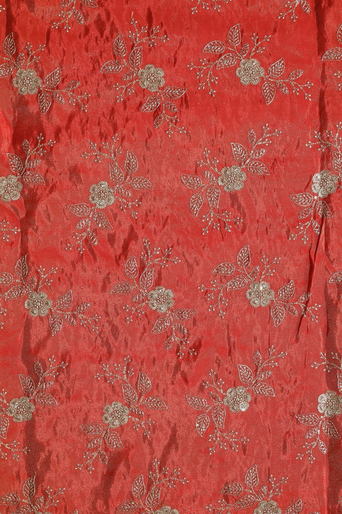 AIzaSyBcstauz-XMPRhEY21AUzeo032pxrXB5Ug - Gold Sequins And Zari Floral Embroidery Work On Dark Orange Pure Viscose Zari Tissue Fabric