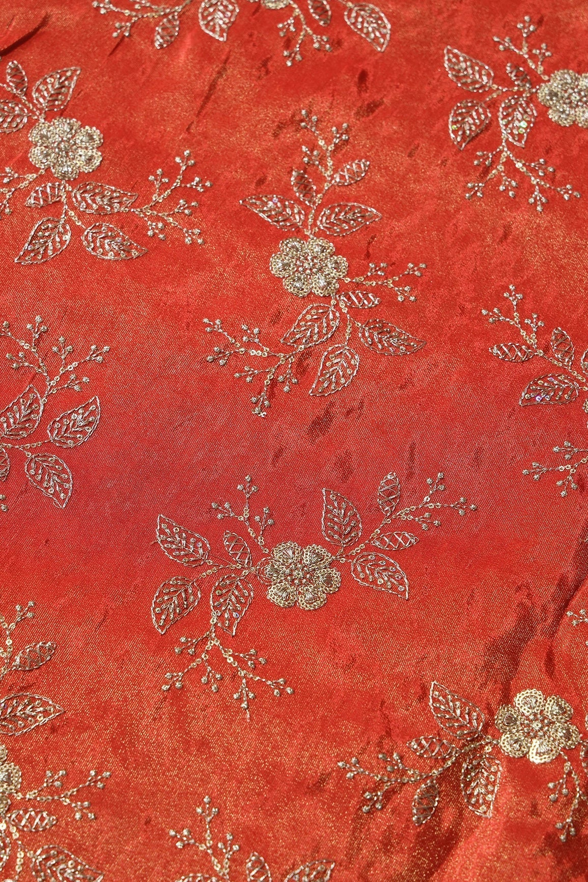 AIzaSyBcstauz-XMPRhEY21AUzeo032pxrXB5Ug - Gold Sequins And Zari Floral Embroidery Work On Dark Orange Pure Viscose Zari Tissue Fabric