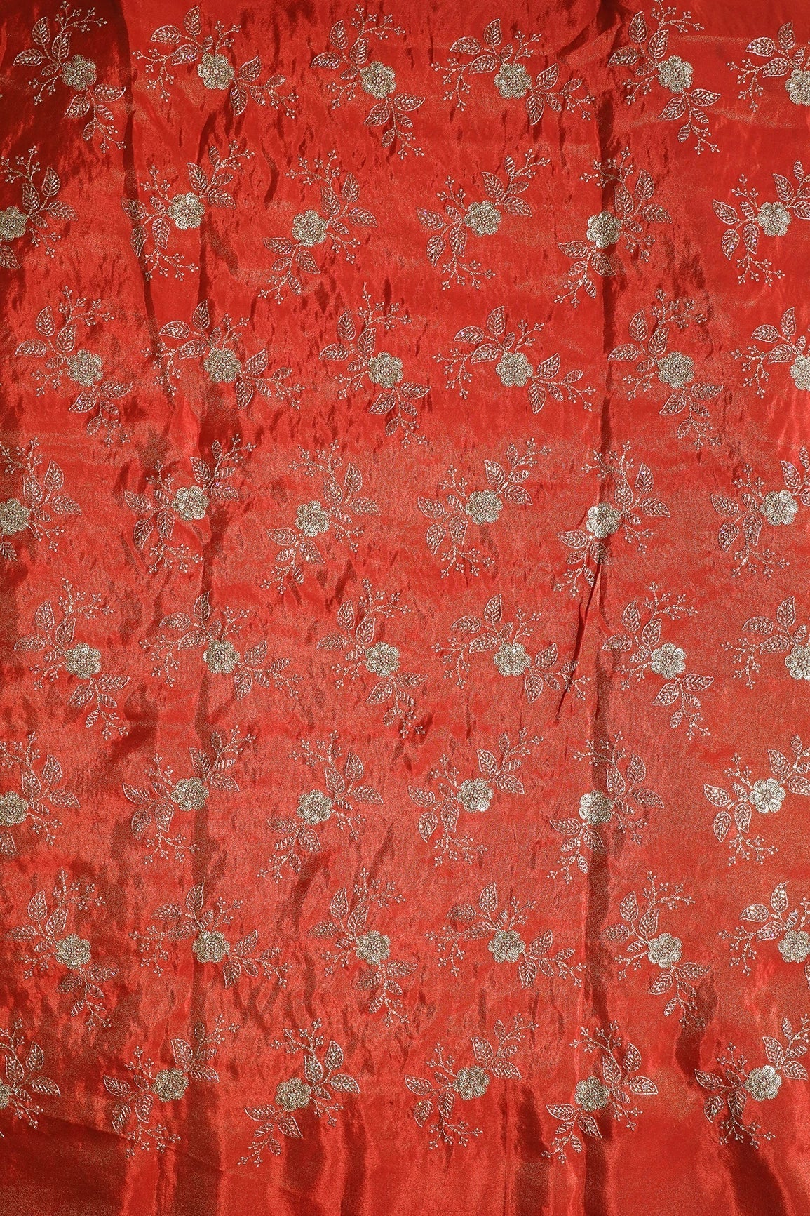 AIzaSyBcstauz-XMPRhEY21AUzeo032pxrXB5Ug - Gold Sequins And Zari Floral Embroidery Work On Dark Orange Pure Viscose Zari Tissue Fabric