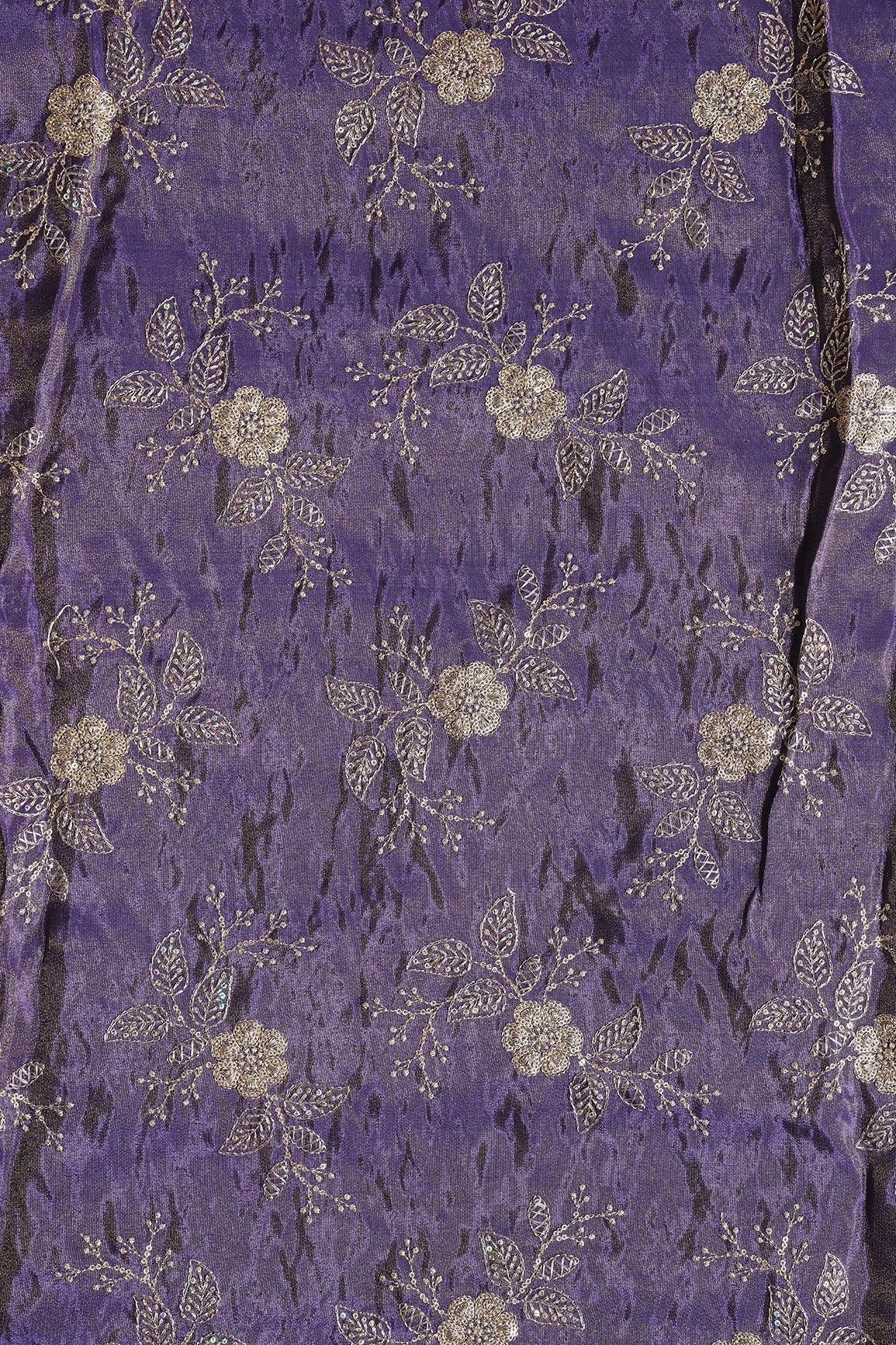 AIzaSyBcstauz-XMPRhEY21AUzeo032pxrXB5Ug - Gold Sequins And Zari Floral Embroidery Work On Purple Pure Viscose Zari Tissue Fabric