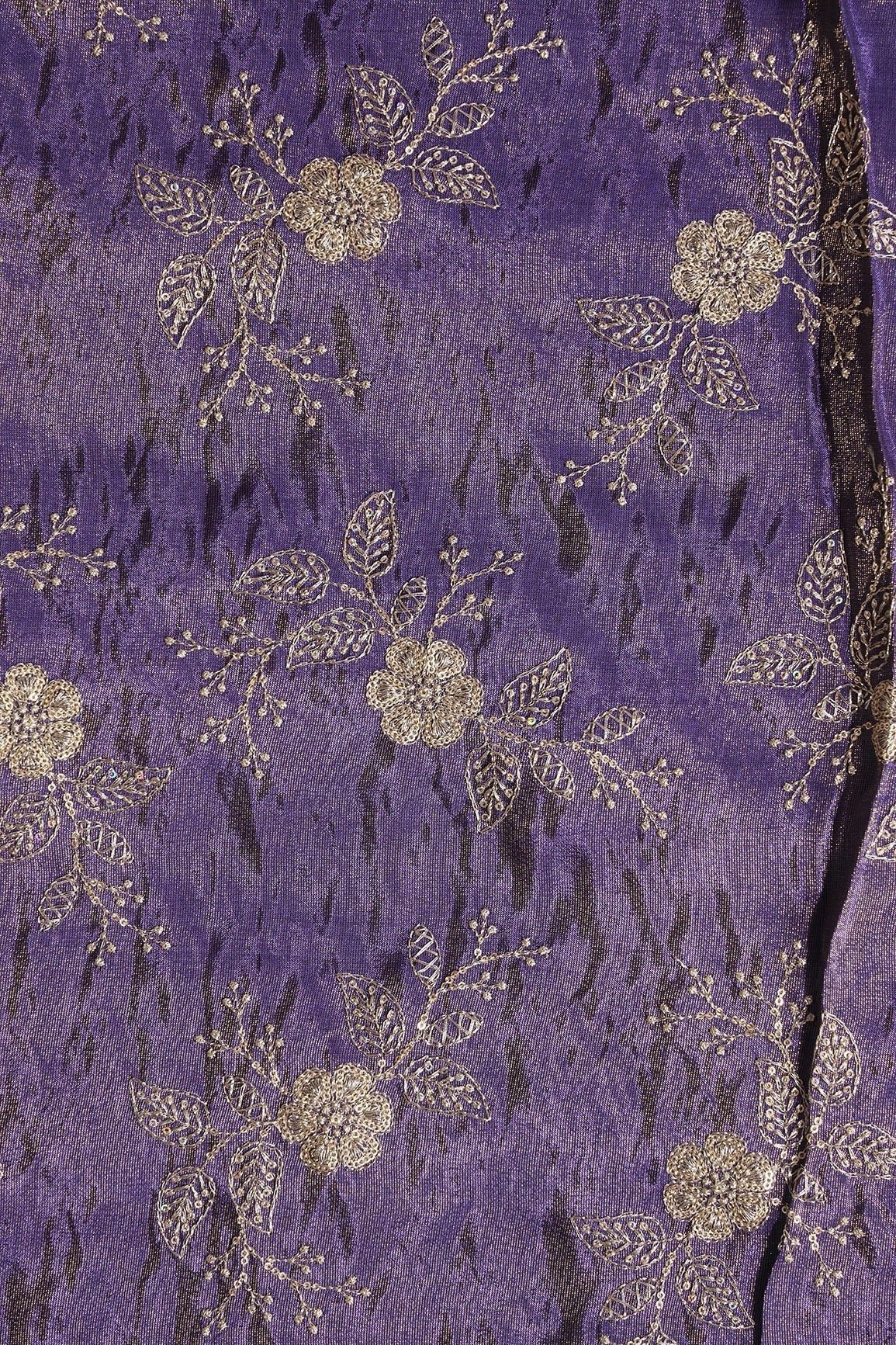AIzaSyBcstauz-XMPRhEY21AUzeo032pxrXB5Ug - Gold Sequins And Zari Floral Embroidery Work On Purple Pure Viscose Zari Tissue Fabric