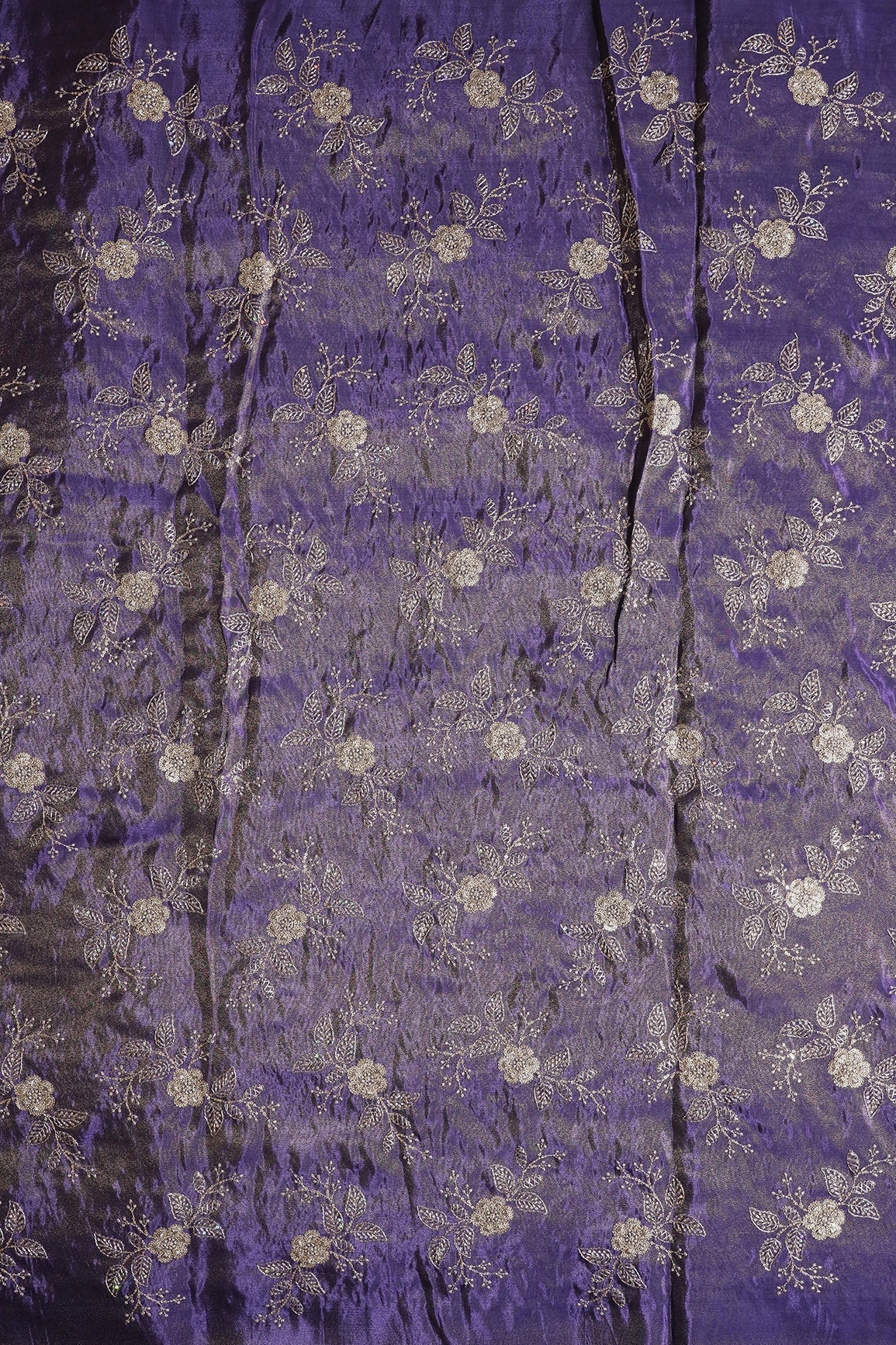 AIzaSyBcstauz-XMPRhEY21AUzeo032pxrXB5Ug - Gold Sequins And Zari Floral Embroidery Work On Purple Pure Viscose Zari Tissue Fabric