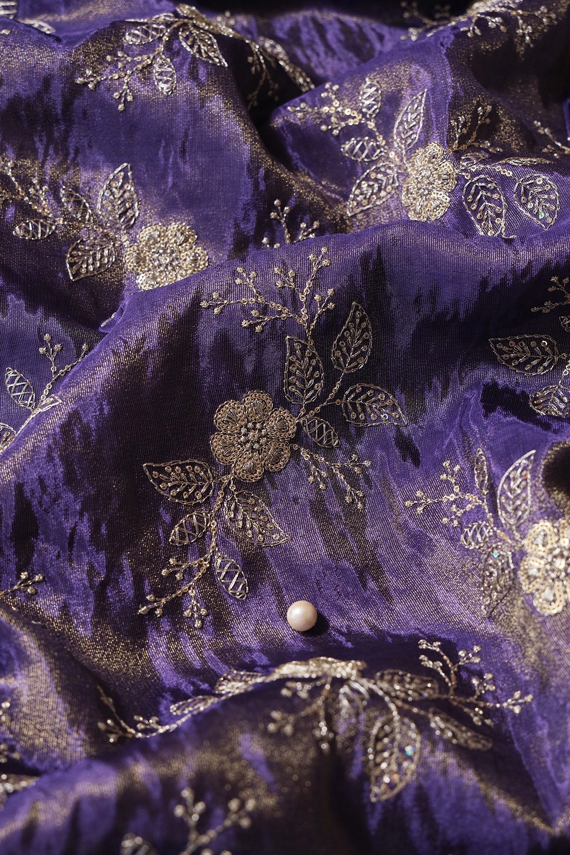 AIzaSyBcstauz-XMPRhEY21AUzeo032pxrXB5Ug - Gold Sequins And Zari Floral Embroidery Work On Purple Pure Viscose Zari Tissue Fabric
