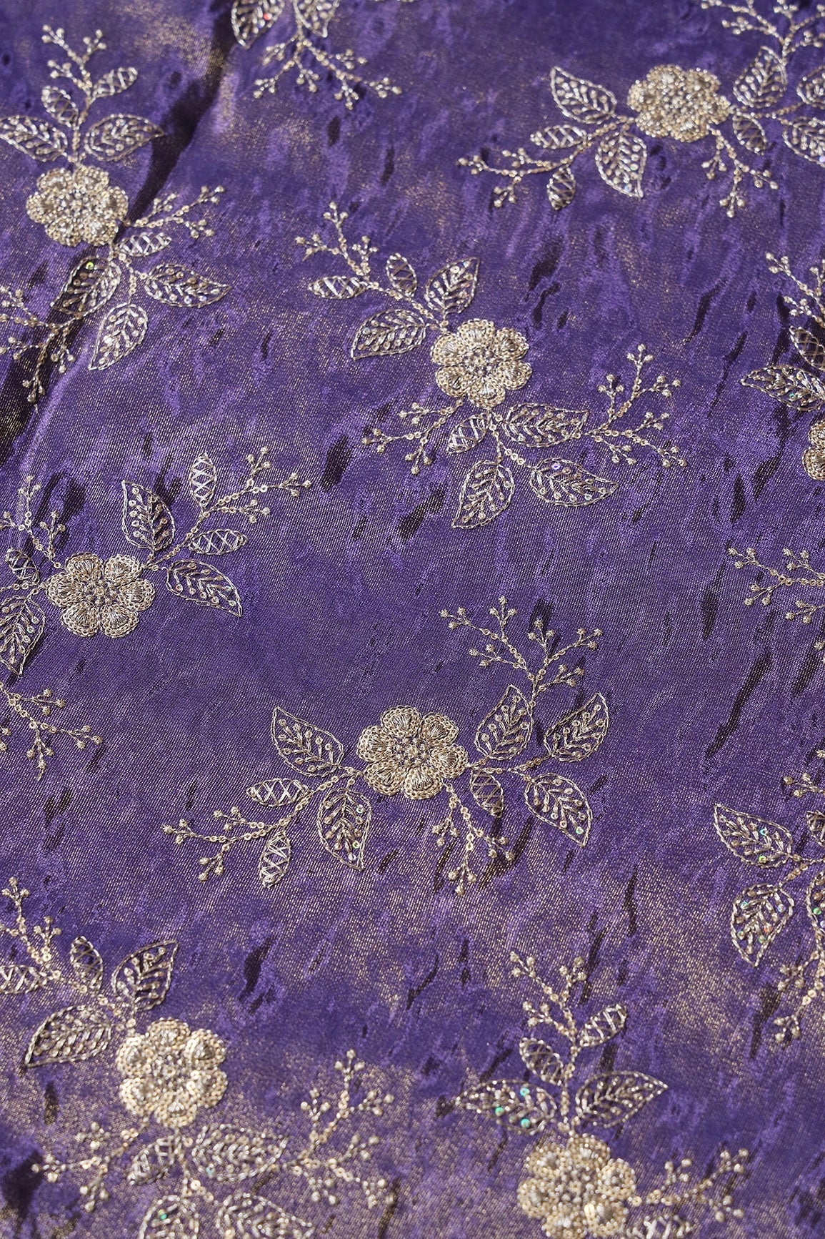 AIzaSyBcstauz-XMPRhEY21AUzeo032pxrXB5Ug - Gold Sequins And Zari Floral Embroidery Work On Purple Pure Viscose Zari Tissue Fabric