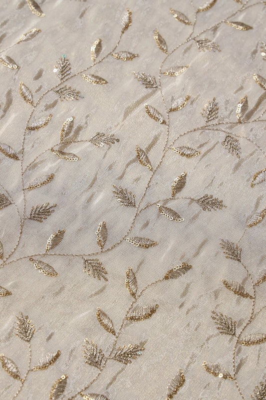 AIzaSyBcstauz-XMPRhEY21AUzeo032pxrXB5Ug - Gold Sequins And Zari Leafy Embroidery Work On Dyeable Pure Viscose Zari Tissue Fabric