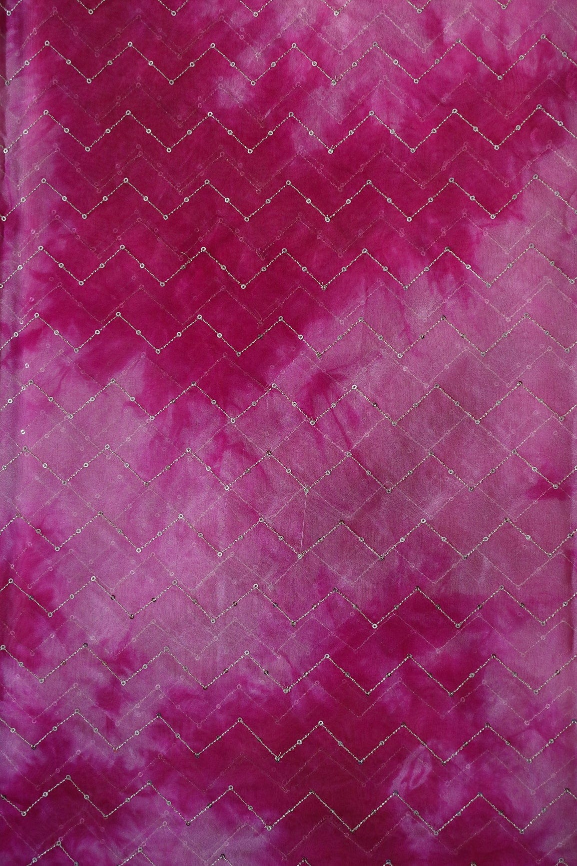 AIzaSyBcstauz-XMPRhEY21AUzeo032pxrXB5Ug - Gold Sequins Chevron Embroidery Work On Tie & Dye Dark Pink Organza Fabric