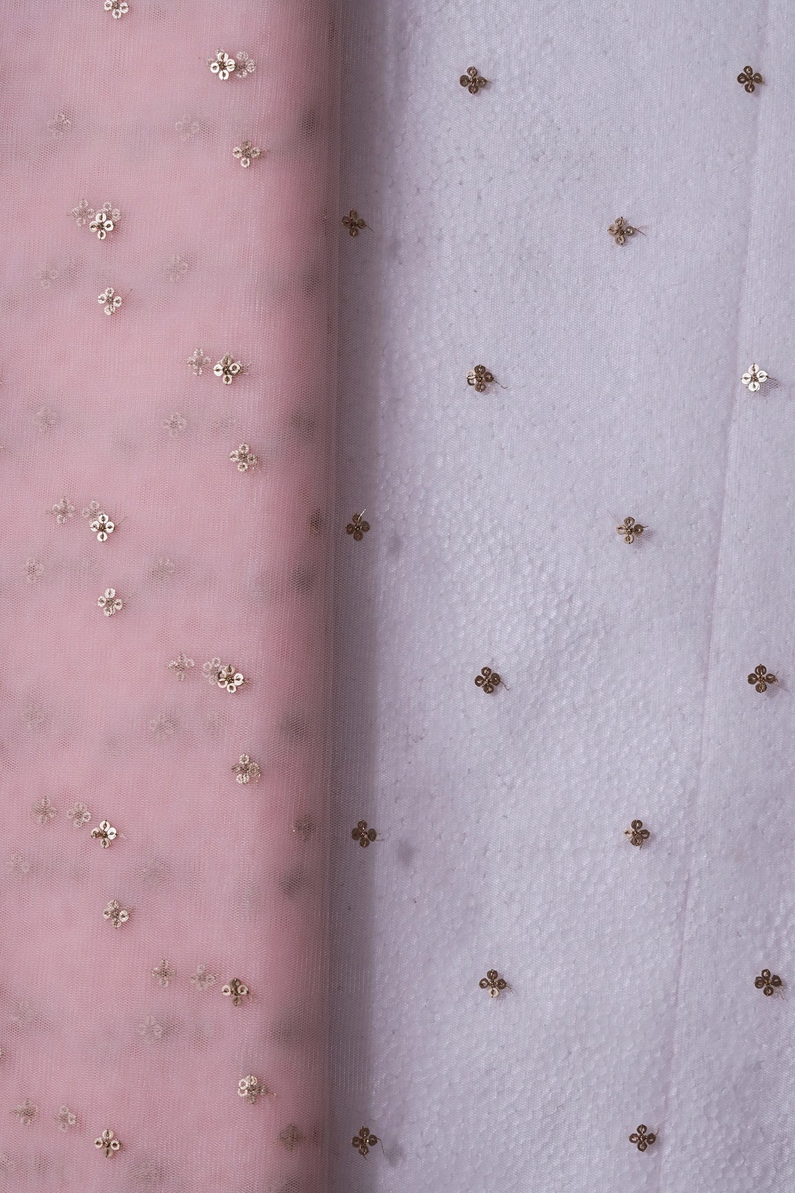 AIzaSyBcstauz-XMPRhEY21AUzeo032pxrXB5Ug - Gold Sequins Small Motif Embroidery Work On Baby Pink Soft Net Fabric