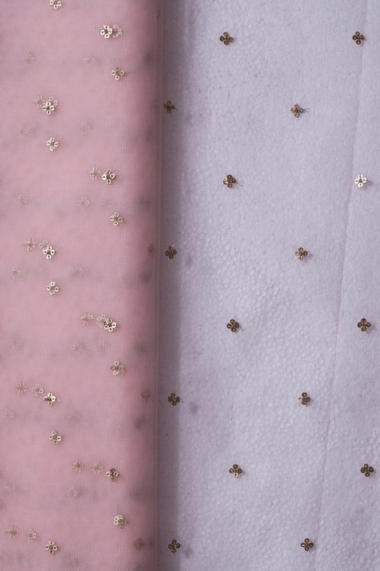 AIzaSyBcstauz-XMPRhEY21AUzeo032pxrXB5Ug - Gold Sequins Small Motif Embroidery Work On Baby Pink Soft Net Fabric